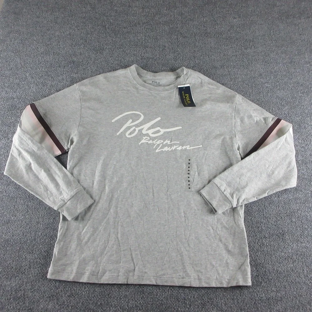 Polo Ralph Lauren Shirt Mens M Gray Long Sleeve Script Logo Graphic Tee Casual